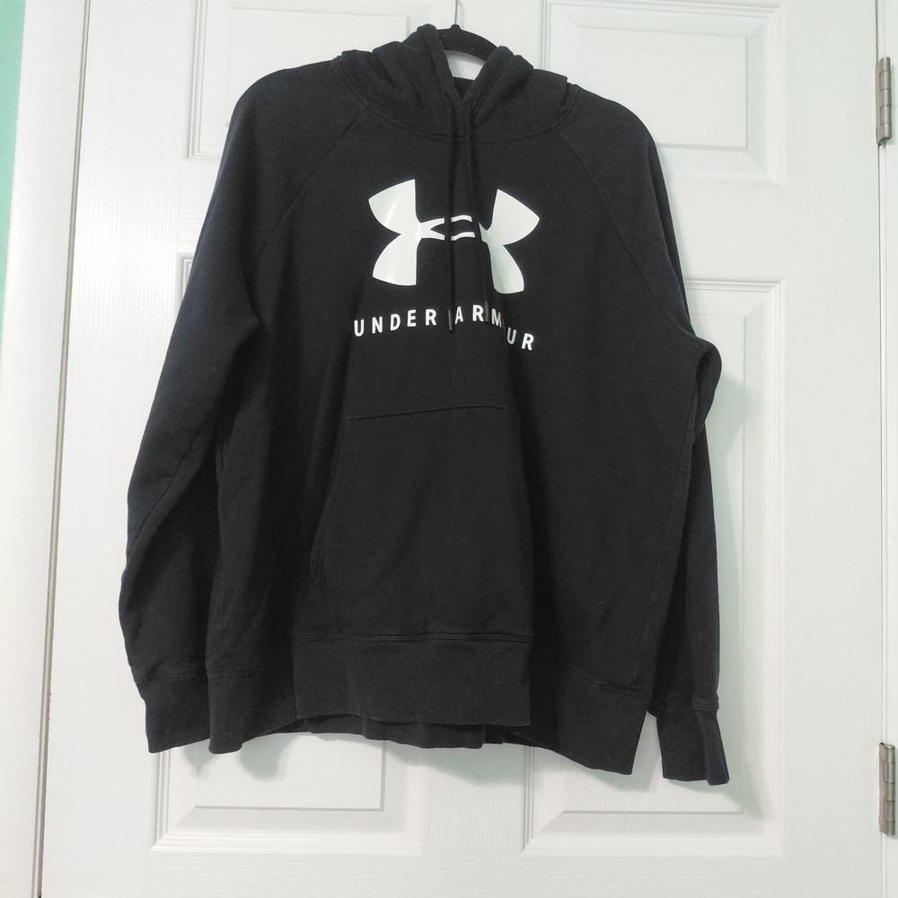 Under Armour Mens Rival Fleece Hoodie Black White Logo XL 1348550 Loose Fit